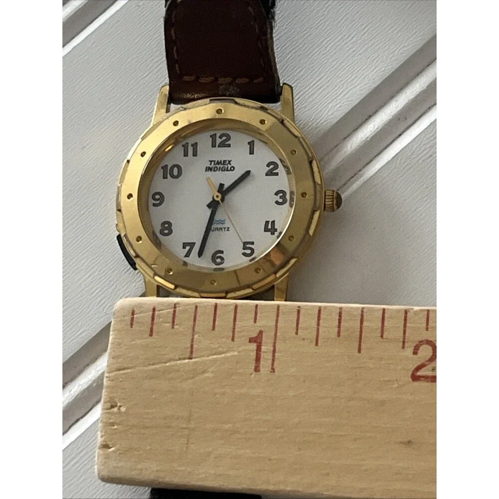 Timex Indiglo Watch Women's Vintage Analog Quartz Brown Leather Gold Tone